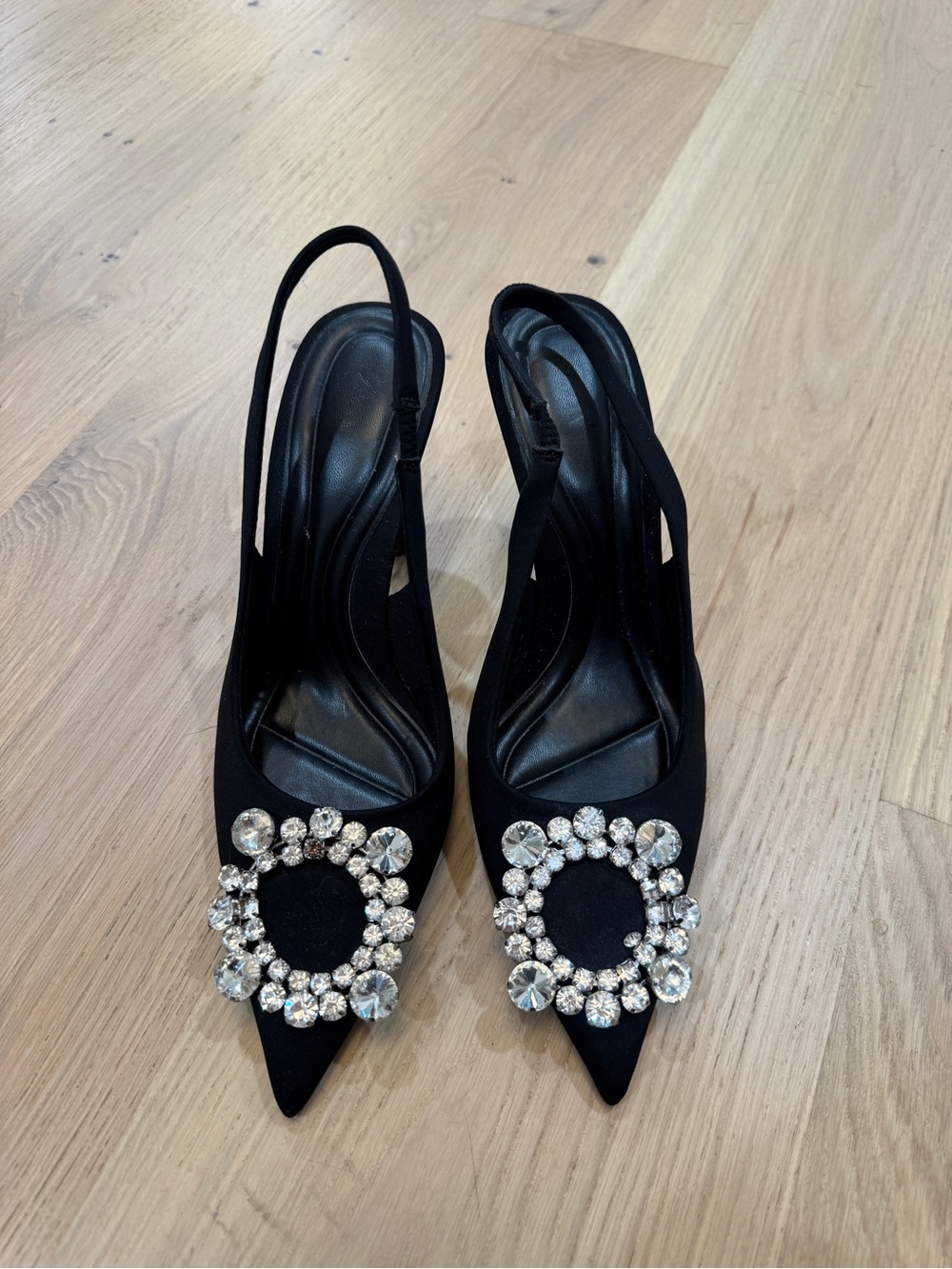 Zara Black Pointed Slingback Heels with Crystal Circle Buckle